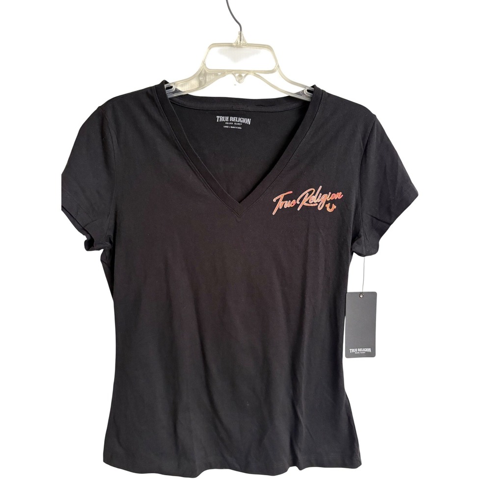 True Religion Womens V-Neck Glitter Logo T-Shirt Black Short Sleeve Large NWT